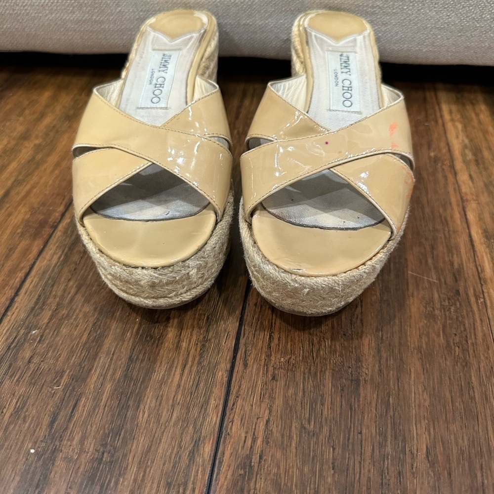 Jimmy Choo Tan Wedge Shoes with Crisscross Straps size 37 - Picture 2 of 6